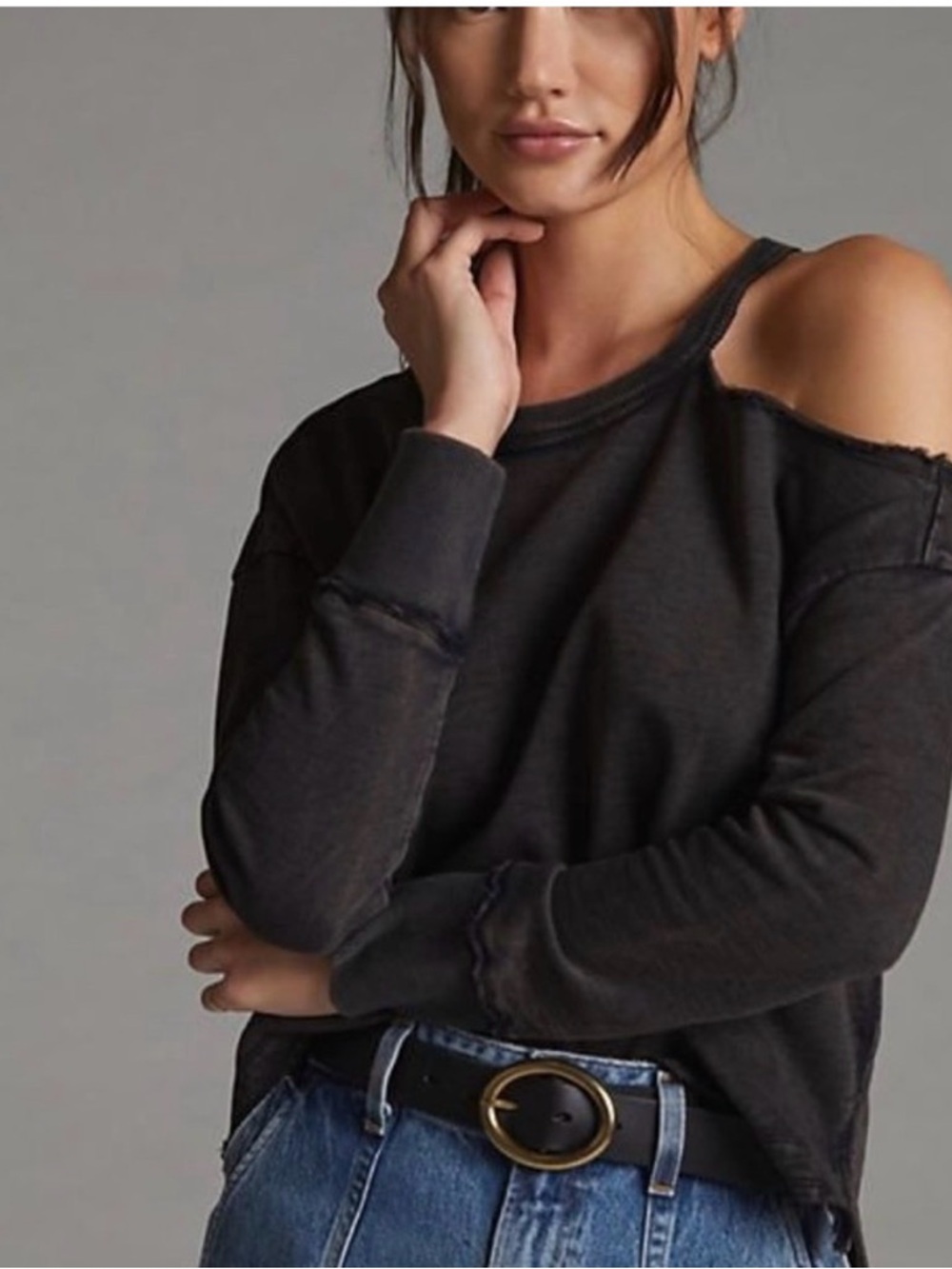 PILCRO Cold Shoulder Washed Black Sweatshirt